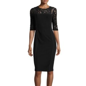 Rebecca Taylor Short Sleeve Mixed Media Sheath Dress Black Lace Cut Out